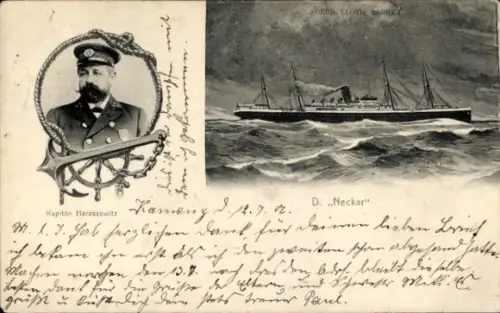 Ak Dampfer Neckar, Norddeutscher Lloyd Bremen, Kapitän Harassowitz