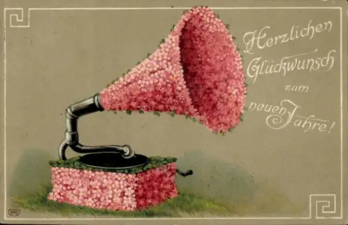 Präge Ak Fröhliches Neujahr, Grammophon aus Blumen