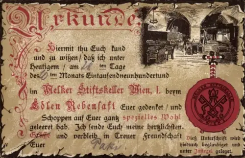 Ak Wien 1 Innere Stadt, Urkunde Melker Stiftskeller, Weinkellerei