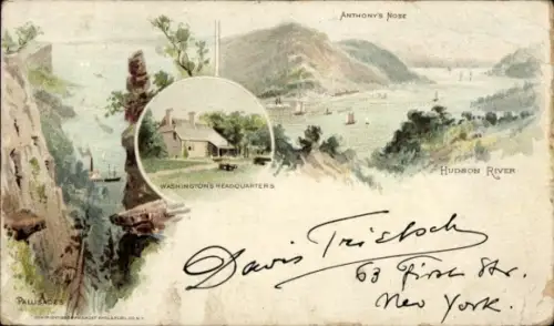 Litho Palisades New Jersey USA, Hudson River, Washingtons Headquarters
