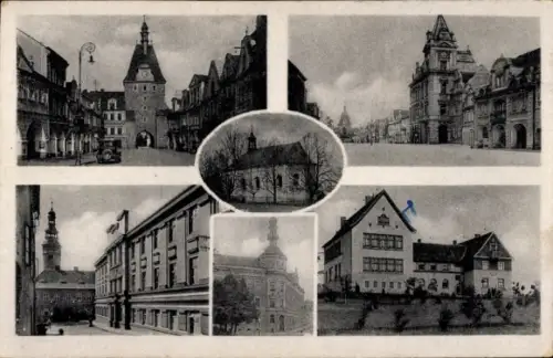 Ak Domažlice Taus Region Pilsen, Stadttor, Kirche, Marktplatz