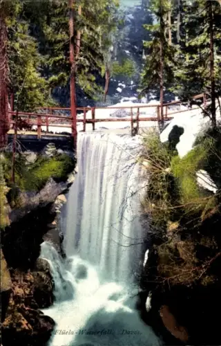 Ak Davos Kanton Graubünden, Flüela-Wasserfall, Brücke, Wald, Davos