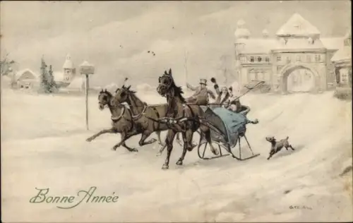 Künstler Ak Glückwunsch Neujahr, Schlittengespann vor einer Ortschaft, Hund