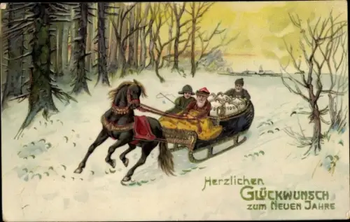 Ak Glückwunsch Neujahr, Schlittengespann, Kinder