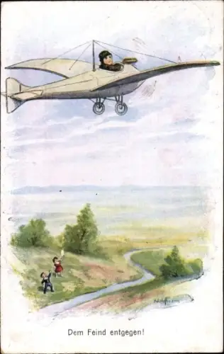 Künstler Ak Hoffmann, Ad., Junge als Soldat, Flugzeug, Abschied, Dem Feind entgegen