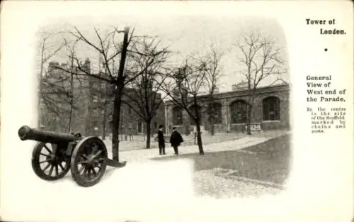 Ak Tower Hamlets London England, Tower of  Kanone, Bäume, zwei Personen, Blick auf Parade