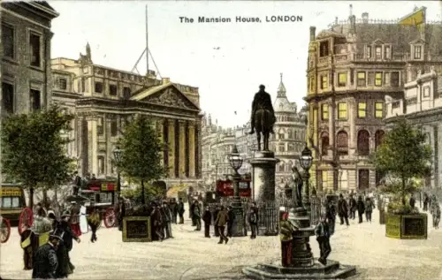Ak City of Westminster London England, The Mansion House,  Statue, Menschen, Kutschen