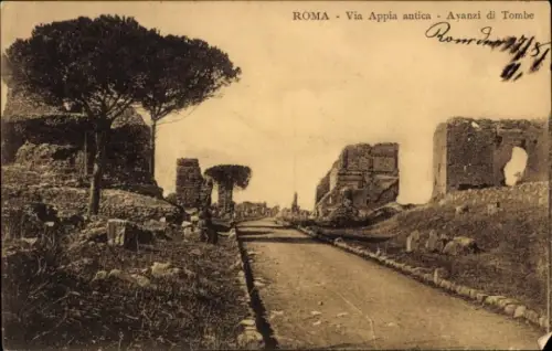 Ak Roma Rom Lazio, Römische Ruinen, Via Appia antica, Bäume, Straße
