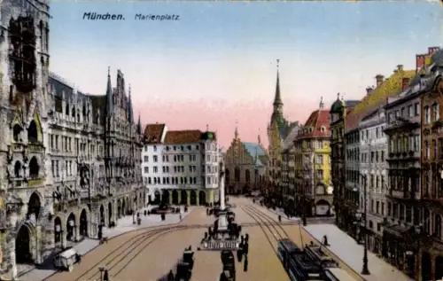 Ak München Bayern,  Marienplatz,  Gebäude, Straßenbahn, Menschen