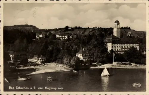 Ak Bad Schachen Lindau am Bodensee Schwaben,  Blick vom Flugzeug, See, Segelboot, Landschaft