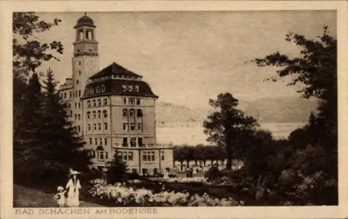 Ak Bad Schachen Lindau am Bodensee Schwaben,  Gebäude, Bäume, Menschen