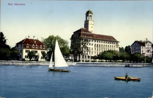 Ak Bad Schachen Lindau am Bodensee Schwaben,  Segelboot, Ruderboot, Gebäude, Wasser