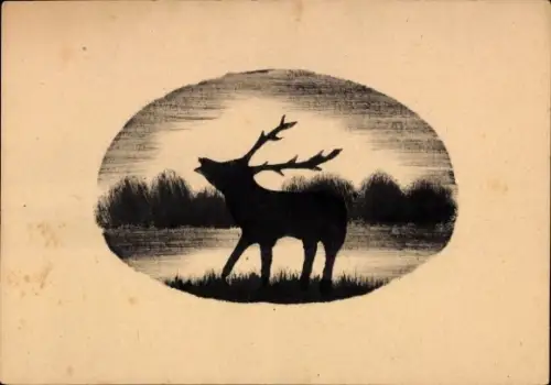 Handgemalt Ak Seelandschaft, brüllender Hirsch