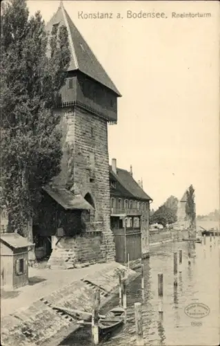 Ak Konstanz am Bodensee, Konstanz am Bodensee, Reinerturm, Wasser, Boote, Bäume