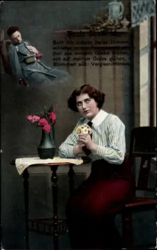 Ak Frau denkt an ihren Mann, Verwundeter Soldat