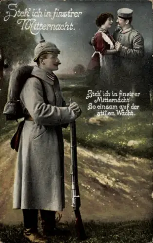 Ak Steh ich in finstrer Mitternacht, Soldat in Uniform, Tornister, Soldatenliebe