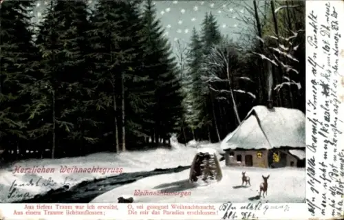 Ak Herzlichen Weihnachtsgruß, Weihnachtsmorgen, Waldhütte