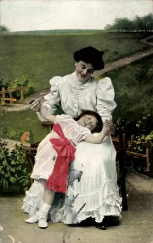 Ak Frau im weißen Kleid, Mädchen mit roter Schleife