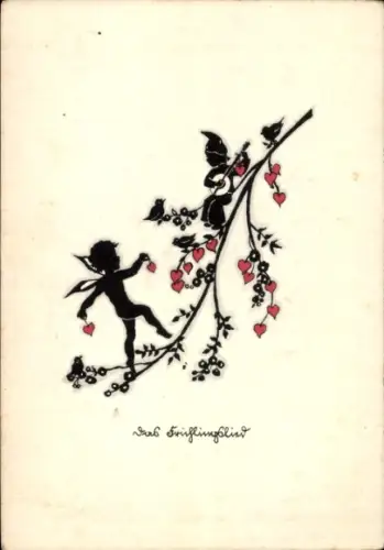 Scherenschnitt Ak Das Frühlingslied, Amor, Herzen, Zweig