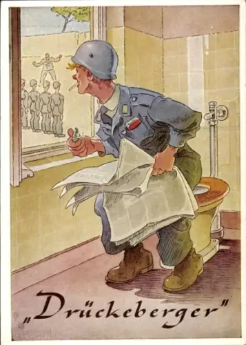 Künstler Ak Drückeberger, Soldat auf der Toilette, Rauchend, Zeitung lesend