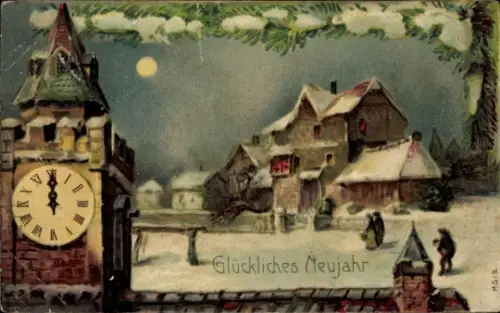 Mondschein Ak Glückwunsch Neujahr, Uhren, Mond, Häuser