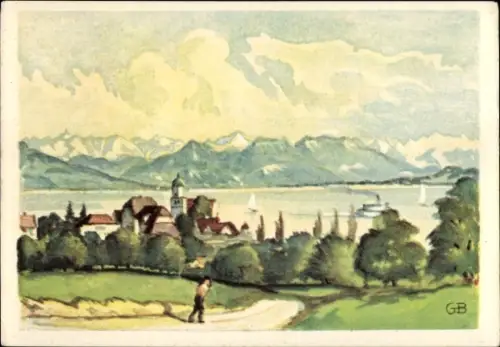 Künstler Ak Braun, Gebhard, Wasserburg am Bodensee Schwaben, Panorama