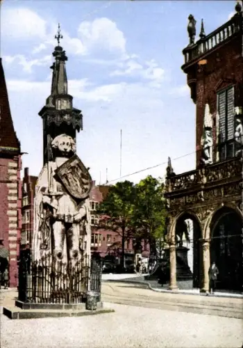 Ak Schnoor Bremen, Statue des Roland, Stadtplatz,  Gebäude, Bremen