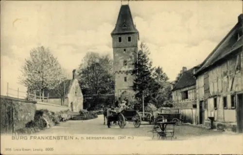 Ak Nieder Beerbach Mühltal im Odenwald, Burg Frankenstein,  Bergstraße, 1905, Kutsche, Gebäude