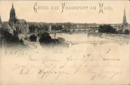 Ak Frankfurt am Main, Ansicht von  Fluss, Brücke, Kirchen, 
