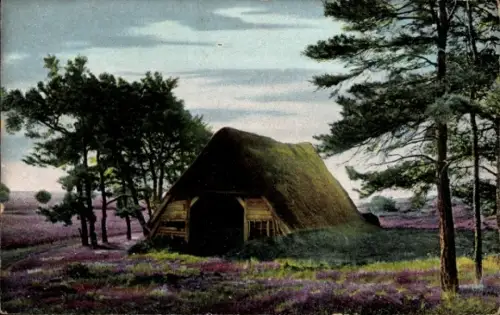 Ak Lüneburger Heide, Landschaft mit Schafstall,  Bäume, lila Heidekraut