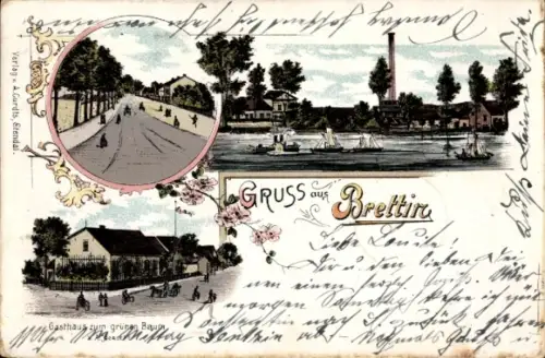 Litho Brettin Jerichow an der Elbe, Gasthaus zum grünen Baum, Straßenpartie