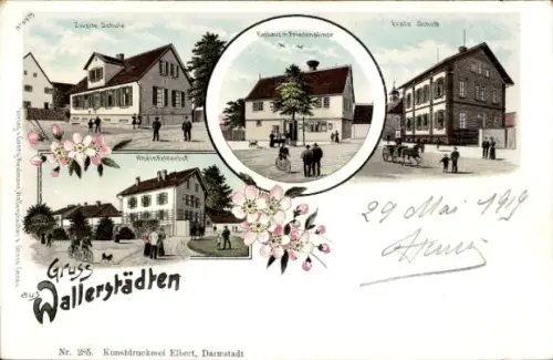 Litho Wallerstädten Groß Gerau in Hessen, Rheinfelderhof, 1. und 2. Schule, Rathaus, Friedenslinde
