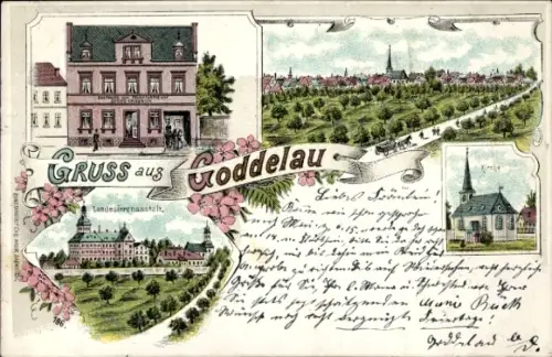 Litho Goddelau Riedstadt in Hessen, Panorama, Gasthaus, Landesirrenanstalt, Kirche