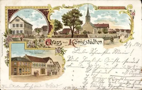 Litho Königstädten Rüsselsheim, Kirche, Schule, Gasthaus zum Schützenhof, Phil. Schneider
