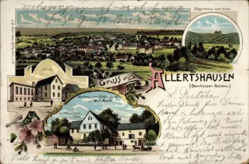Litho Allertshausen Rabenau in Hessen, Gasthaus zum kühlen Grund, Wilh. Ranft, Schule, Käppelberg