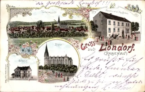 Litho Londorf Rabenau in Hessen, Restauration Gg. Braun, Kirche, Bahnhof, Gesamtansicht