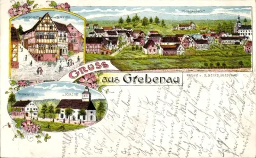 Litho Grebenau in Hessen, Gesamtansicht, Wirtschaft von Reiss, Kirche, Pfarrhaus