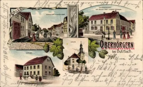 Litho Oberhörgern Ober Hörgern Münzenberg Hessen, Gastwirtschaft zur Kaiser-Linde, Schule, Kirche