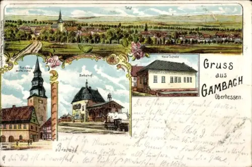 Litho Gambach Münzenberg in Hessen, Gesamtansicht, Rathaus, Kirche, Bahnhof, neue Schule