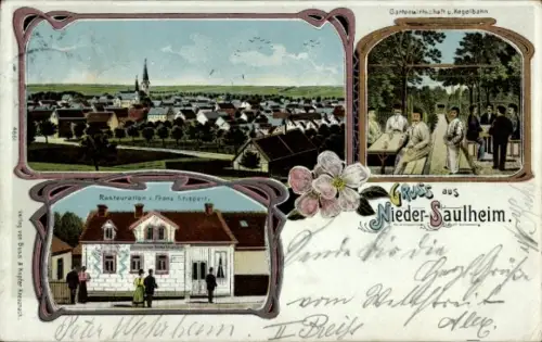 Litho Niedersaulheim Saulheim in Rheinhessen, Gesamtansicht, Restauration Franz Struppert, Garten