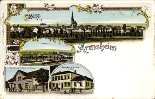 Litho Armsheim in Rheinhessen, Bahnhof, Gasthaus zur Traube, J. Best, Geschäft Heinrich Pilger