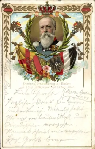 Litho Friedrich I. Großherzog von Baden, Portrait, Wappen