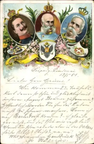 Litho Kaiser Wilhelm II., Kaiser Franz Joseph I., Umberto I, Wappen