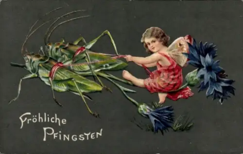 Präge Ak Glückwunsch Pfingsten, Fee, Heuschrecken, Blumen
