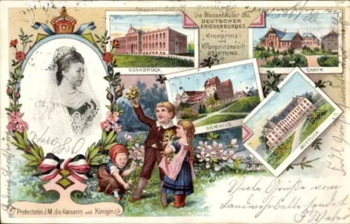 Präge Litho Waisenhäuser des Deutschen Kriegerbundes, Osnabrück, Canth, Wittlich, Römhild, Kaiserin