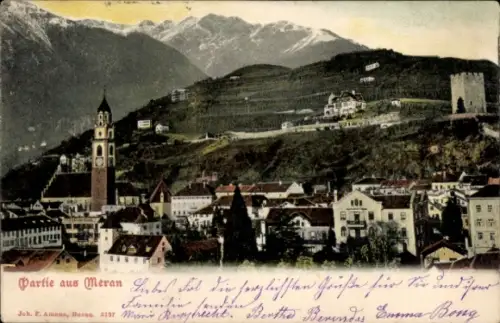 Ak Meran Merano Südtirol, Berglandschaft, Stadt  Kirchturm, 
