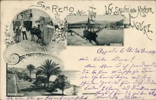 Ak San Remo Ligurien,  Hafenansicht, Schiff, Pferd, 1899