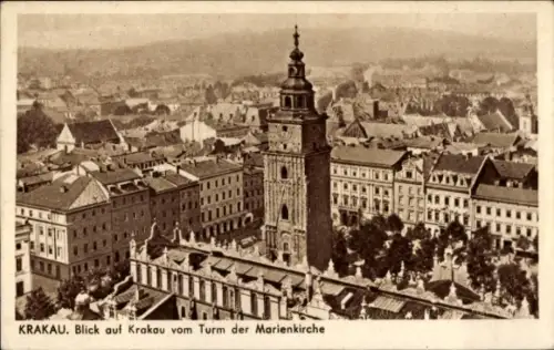 Ak Kraków Krakau Polen, Blick auf  Turm der Marienkirche, Schwarz-Weiß-Foto