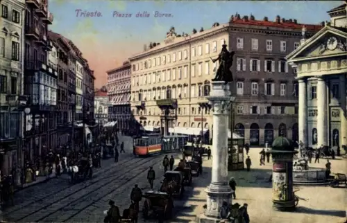 Ak Triest Trieste Friuli Venezia Giulia, Trieste, Piazza della Borsa, Statue, Straßenbahn,  Gebäu