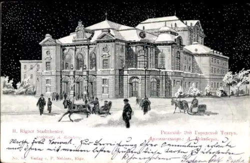 Ak Riga Lettland, Stadttheater bei Nacht im Winter